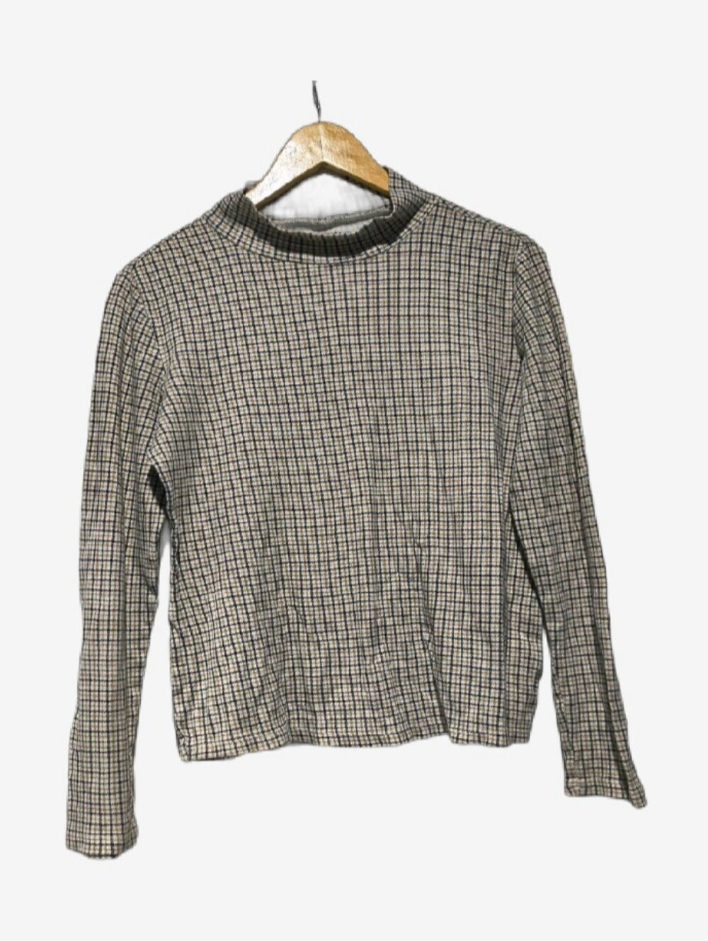 Croft & Barrow Cream & Tan Houndstooth Long Sleeve Mock Neck Cotton Top Size S